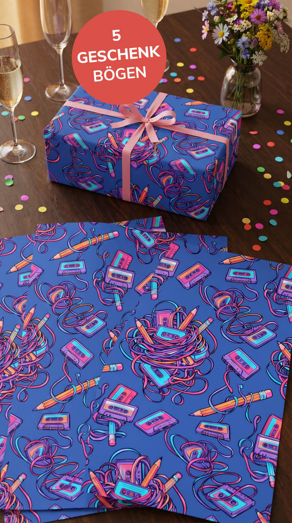 Lustiges Geschenkpapier Set 5 Bögen Kassetten aufrollen - witziges Motiv zum Geburtstag