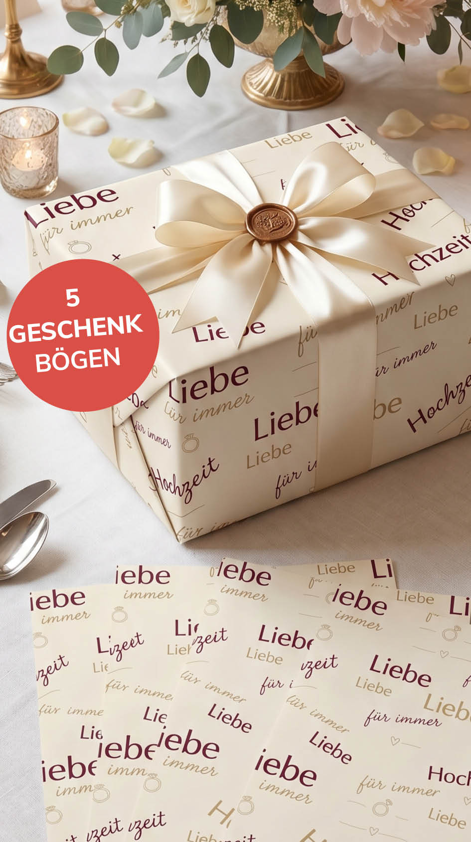 Elegantes Geschenkpapier Hochzeit und Liebe Set 5 Bögen Elegante Typographie