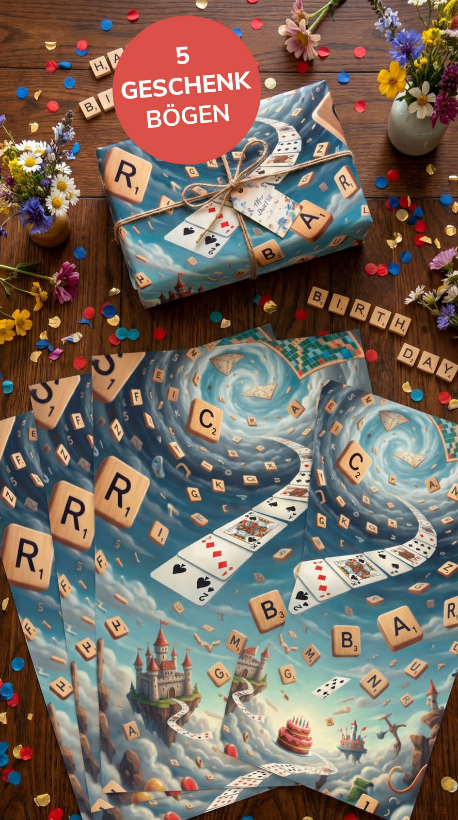 Lustiges Geschenkpapier Set 5 Bögen Scrabble - witziges Motiv zum Geburtstag