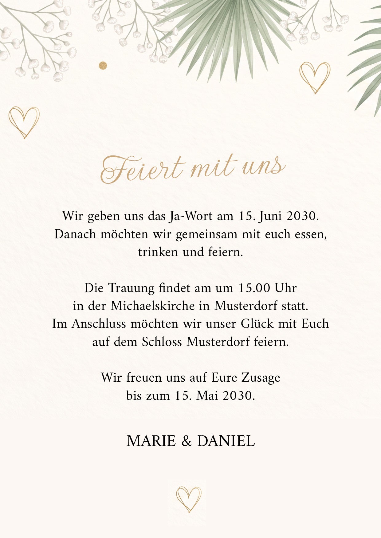 Einladung Hochzeit Botanical – Karte Eukalyptus, Palmwedel & Gold | Greenery Stil