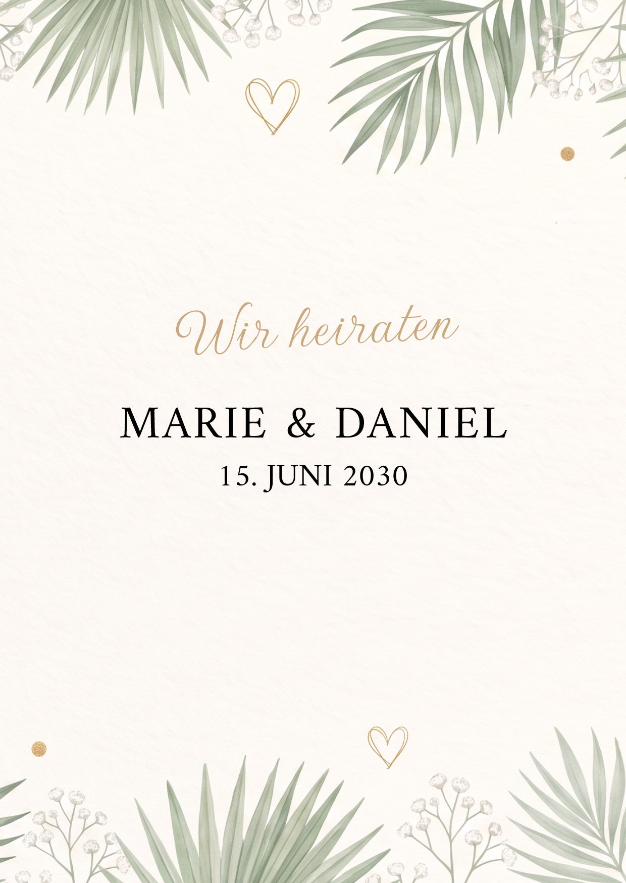 Einladung Hochzeit Botanical – Karte Eukalyptus, Palmwedel & Gold | Greenery Stil