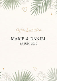 Einladung Hochzeit Botanical – Karte Eukalyptus, Palmwedel & Gold | Greenery Stil