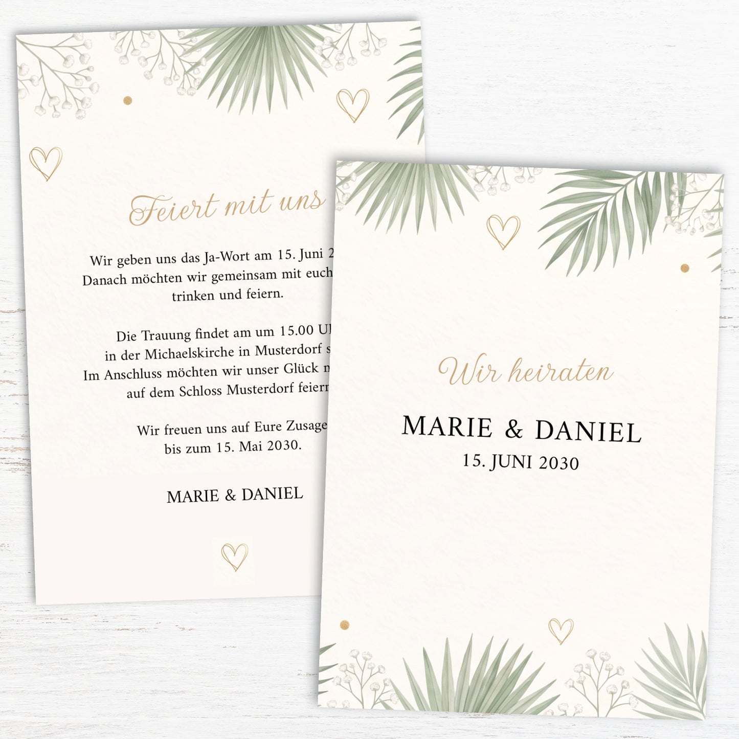 Einladung Hochzeit Botanical – Karte Eukalyptus, Palmwedel & Gold | Greenery Stil