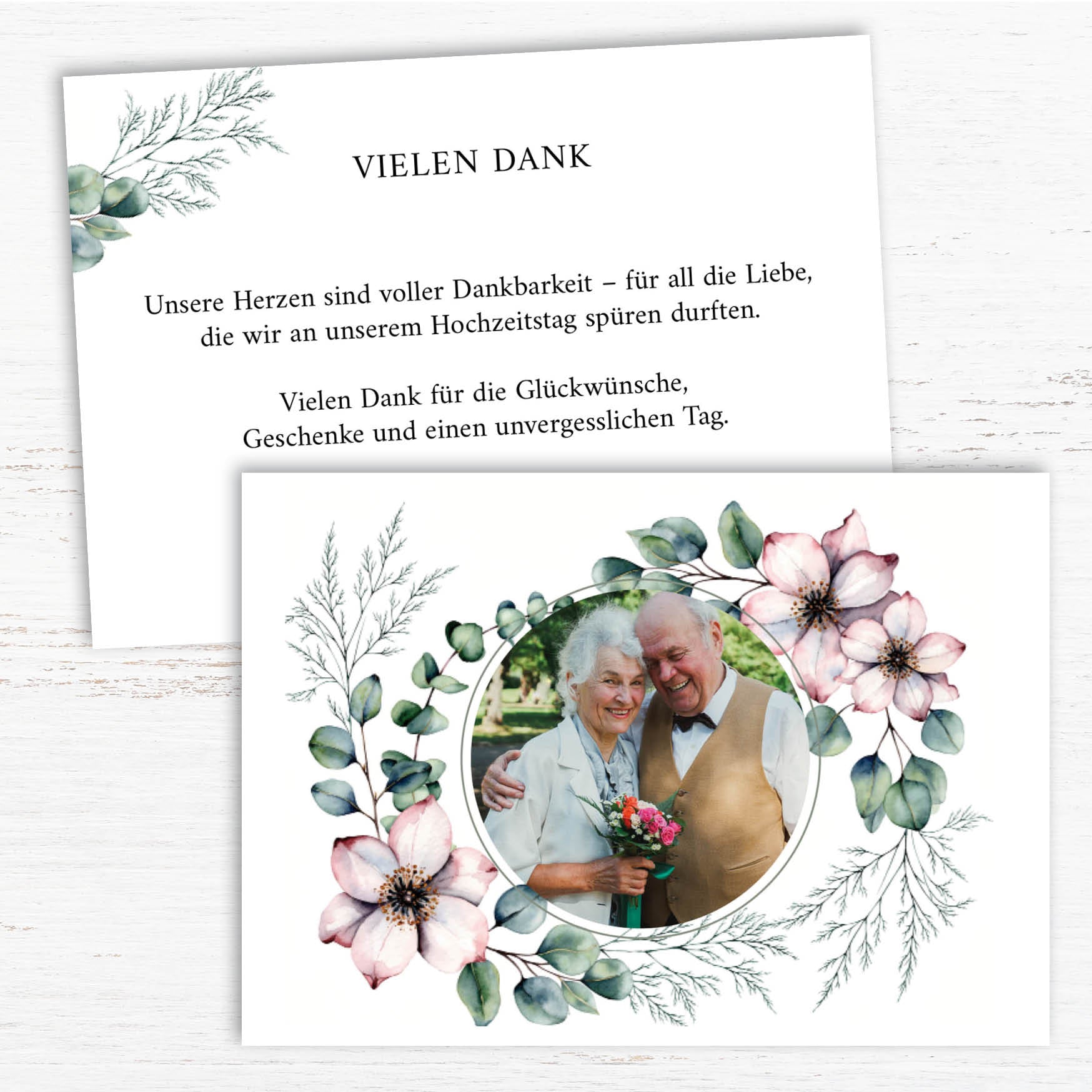 Danksagungskarte zur Goldenen Hochzeit: Romantische Blumen mit Foto