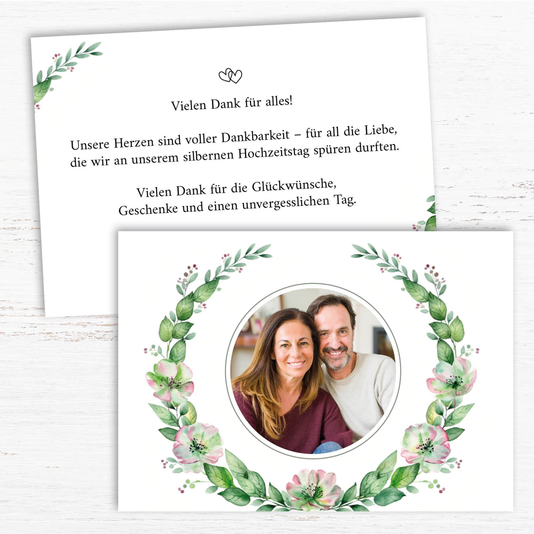 Danksagungskarte zur Silbernen Hochzeit: Zarte Blüten mit Foto