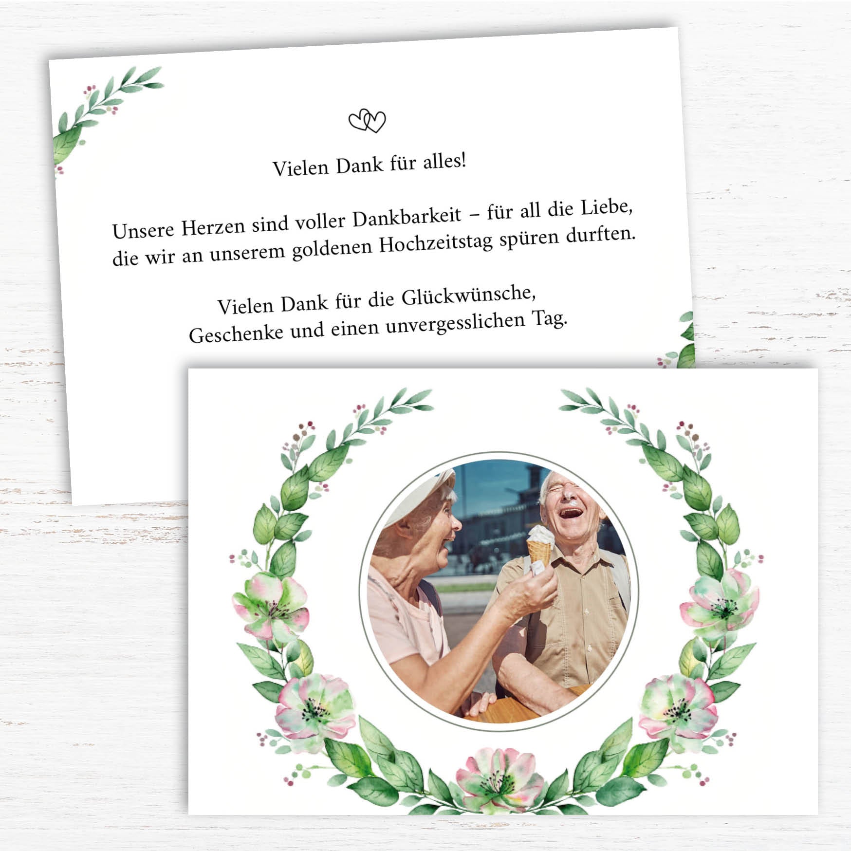 Danksagungskarte zur Goldenen Hochzeit: Zarte Blüten mit Foto