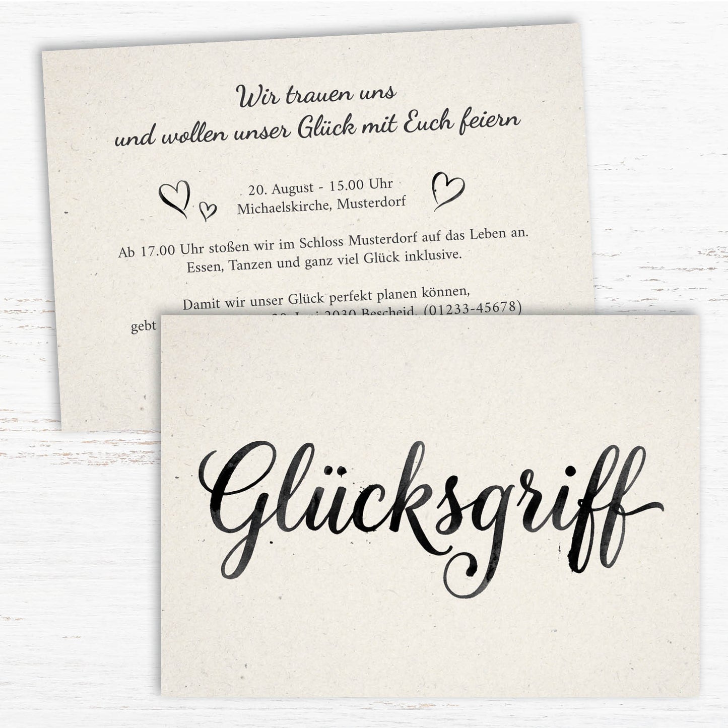 Minimalistische Hochzeitseinladung „GLÜCKSGRIFF“ | Edles Typografie-Design - Individuelle Einladung