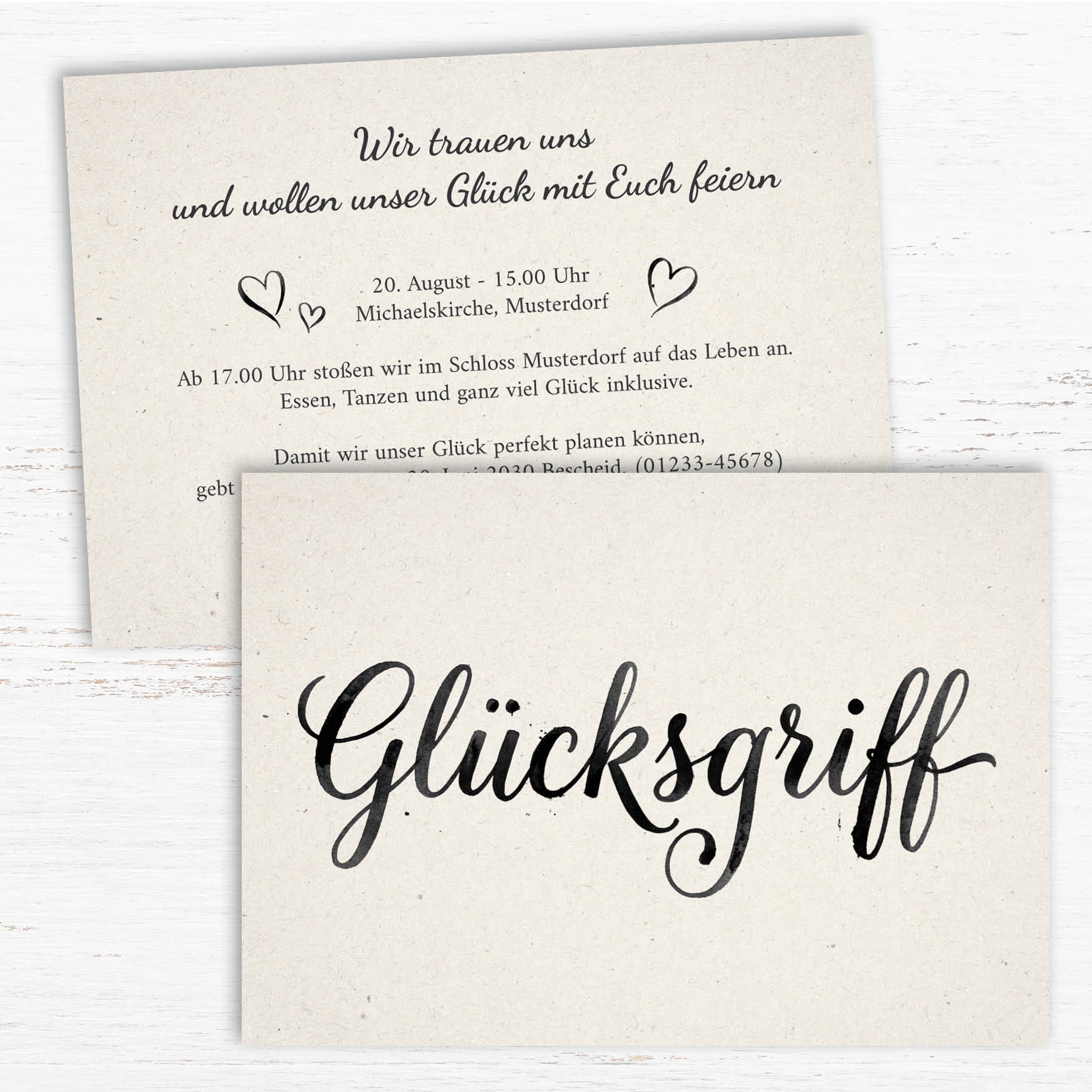 Minimalistische Hochzeitseinladung „GLÜCKSGRIFF“ | Edles Typografie-Design - Individuelle Einladung