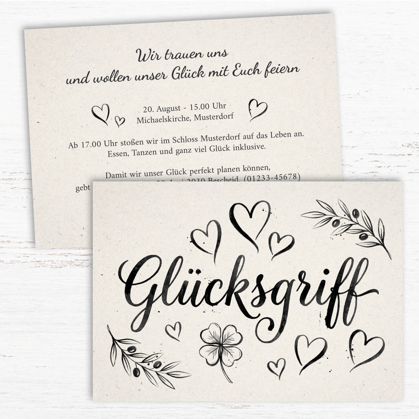 Verspielte Hochzeitseinladung „GLÜCKSGRIFF“ | Edles Typografie-Design mit Herzen - Individuelle Einladung