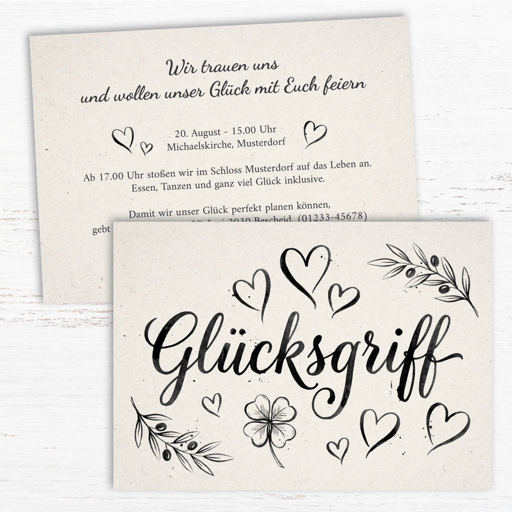 Verspielte Hochzeitseinladung „GLÜCKSGRIFF“ | Edles Typografie-Design mit Herzen - Individuelle Einladung