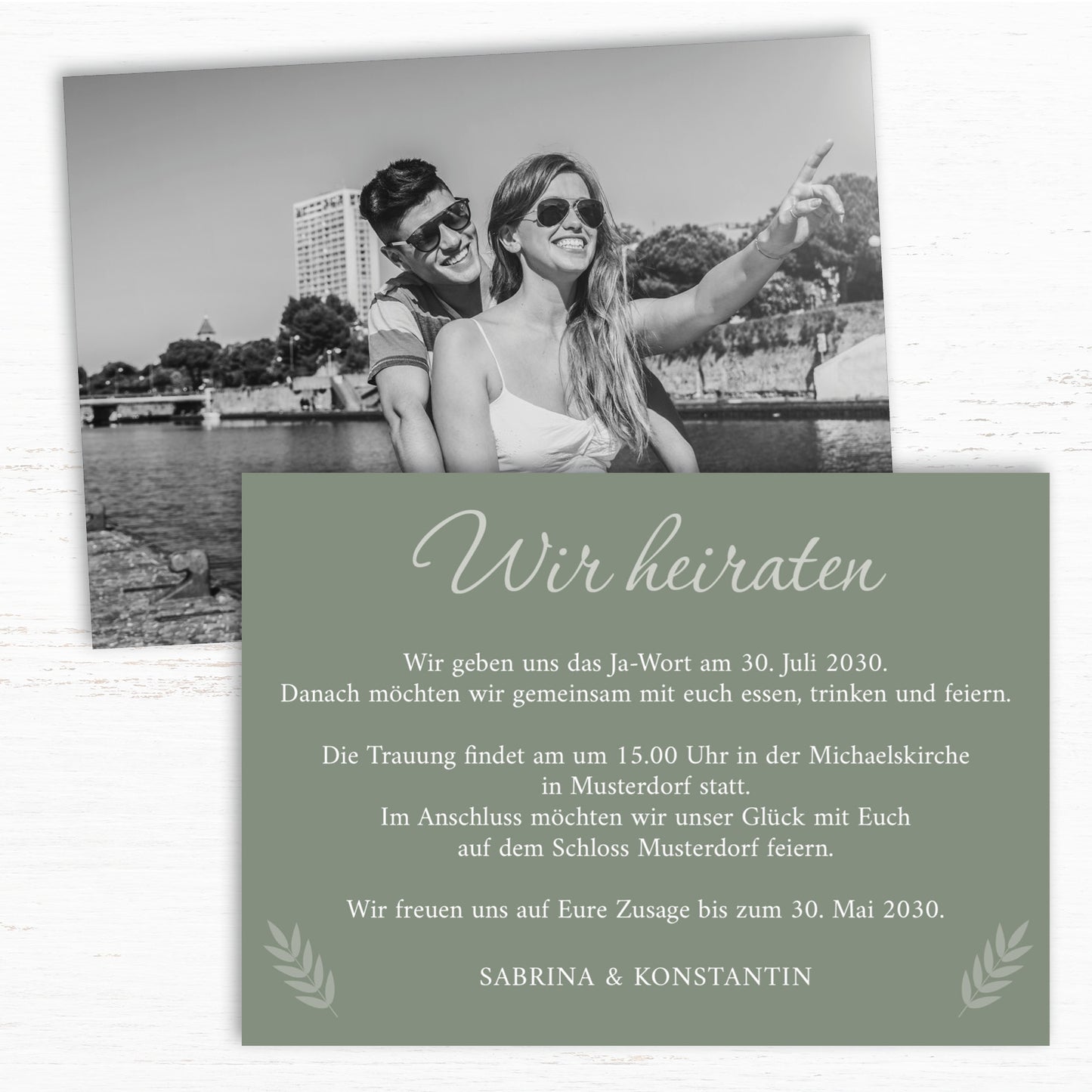 Einladung zur Hochzeit: Urlaubsfoto in Olive