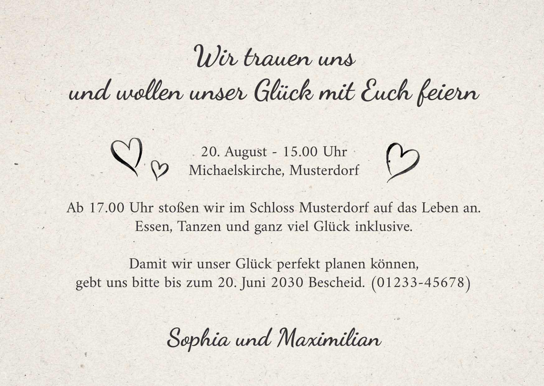 Verspielte Hochzeitseinladung „GLÜCKSGRIFF“ | Edles Typografie-Design mit Herzen - Individuelle Einladung