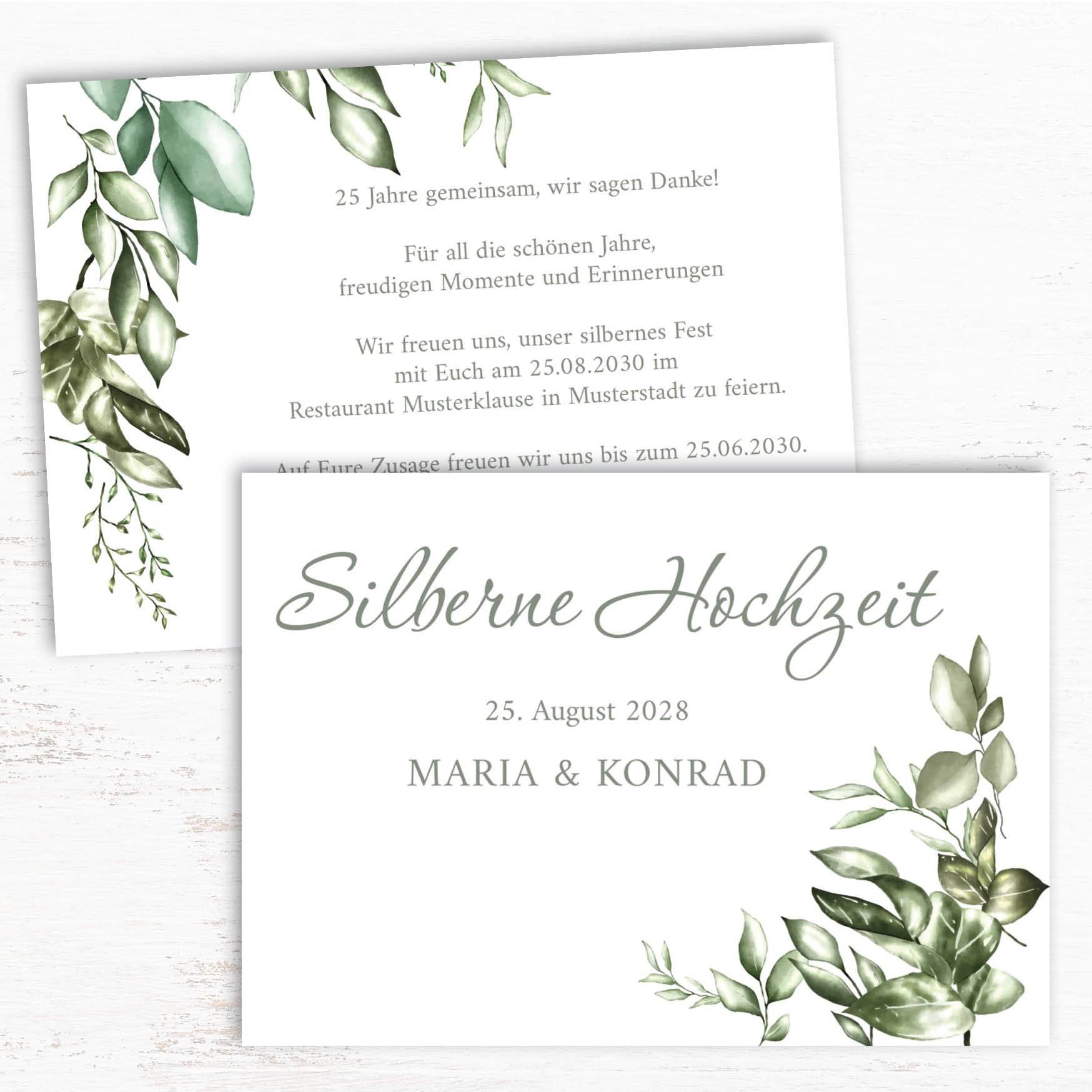 Einladung zur Silbernen Hochzeit: Greenery - Postkarte