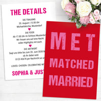 Hochzeitseinladung „MET MATCHED MARRIED“ | Minimalistisches 3-M-Design | Moderne Typografie-Karte