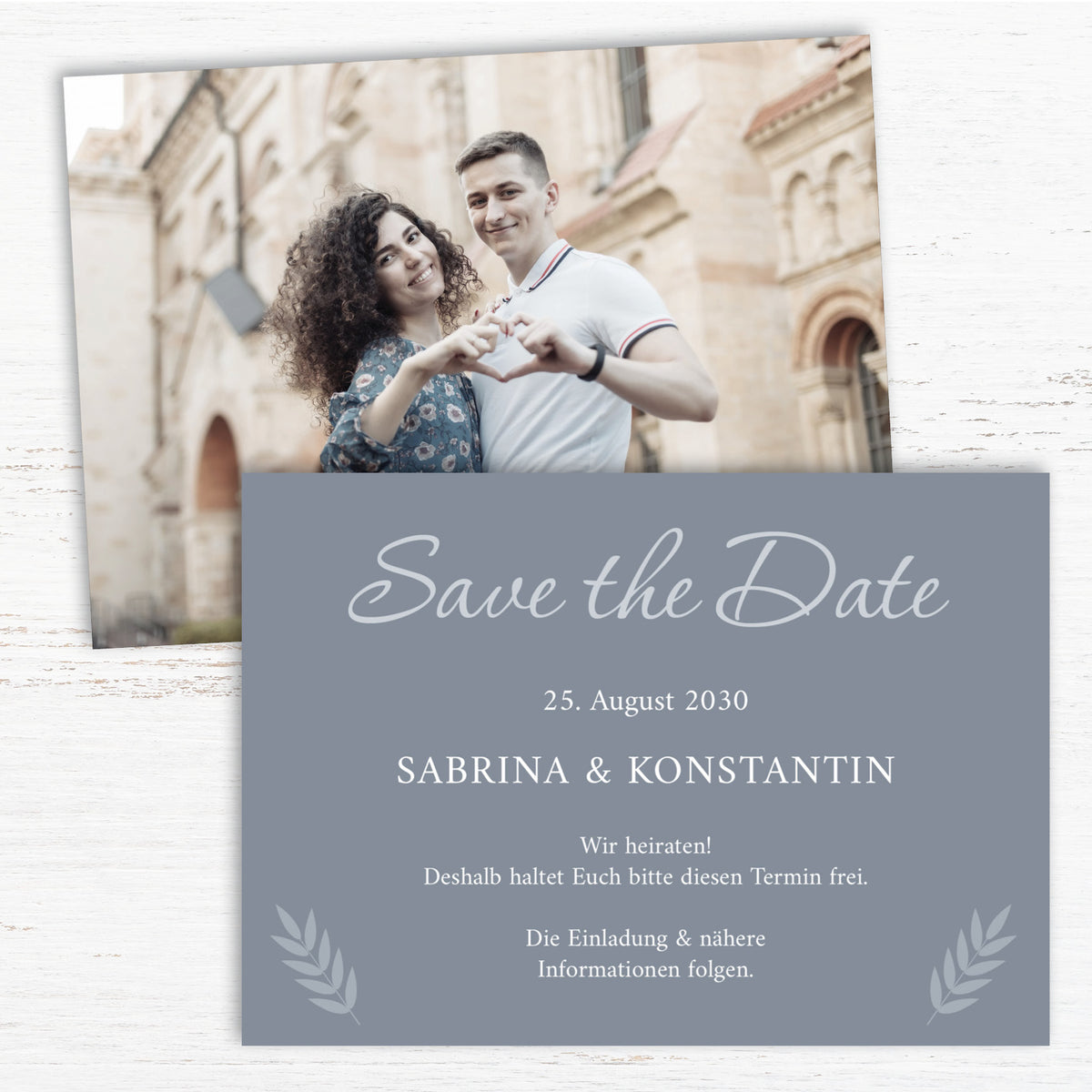 Save the Date Karten Hochzeit – Elegante Hochzeitseinladung mit Urlaubsfoto in Bluedust Design