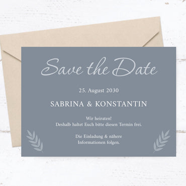 Save the Date Karten Hochzeit – Elegante Hochzeitseinladung mit Urlaubsfoto in Bluedust Design