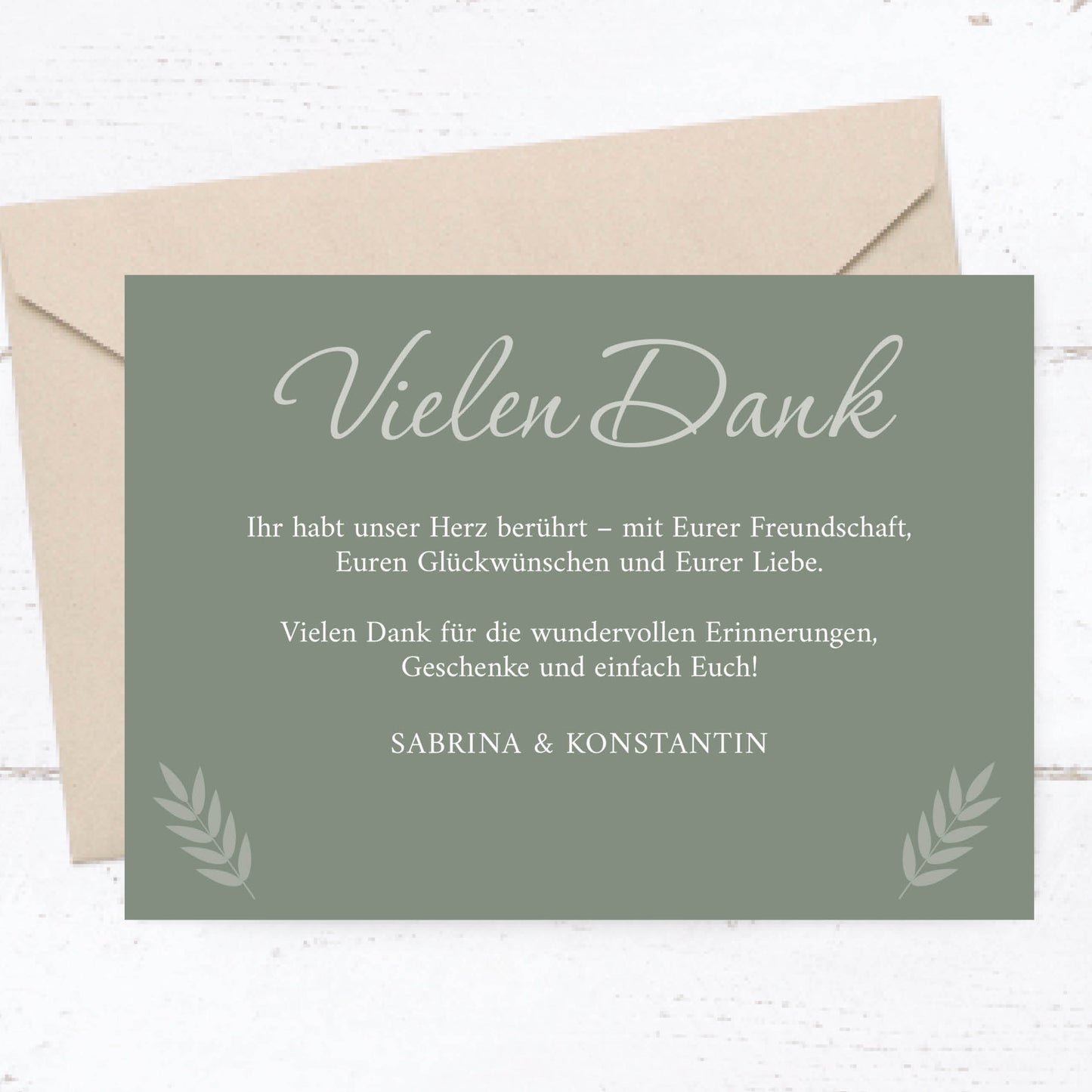 Danksagungskarten zur Hochzeit: Urlaubsfoto in Olive