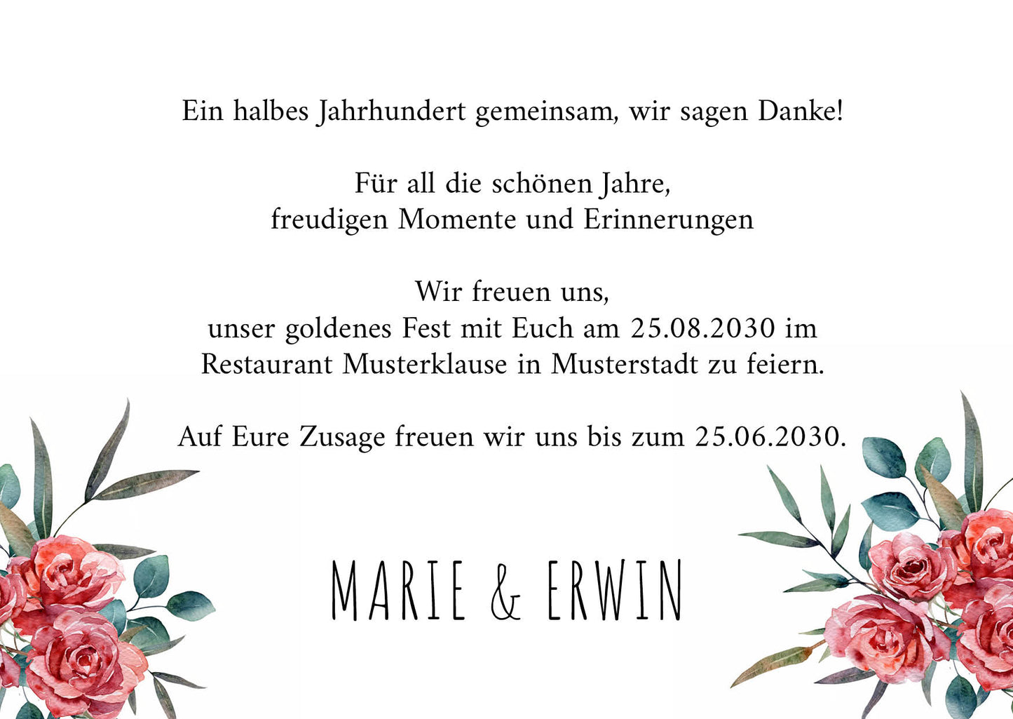 Einladung zur Goldenen Hochzeit: Romantische Rosen mit Foto