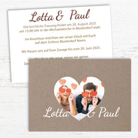 Rustikale Hochzeitseinladung – Einladung Hochzeit mit Herzfoto Karte - Individuelle Einladung