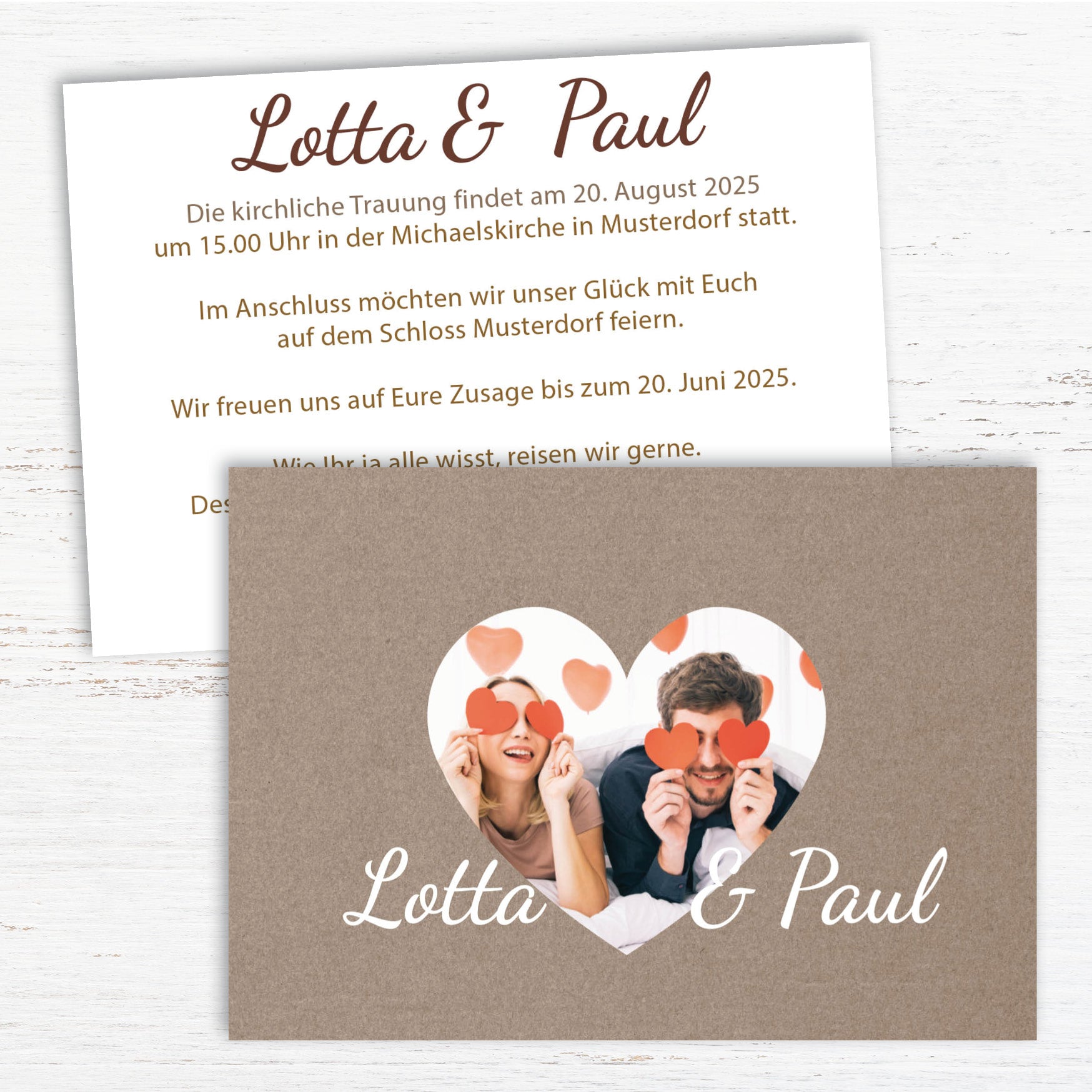 Rustikale Hochzeitseinladung – Einladung Hochzeit mit Herzfoto Karte - Individuelle Einladung