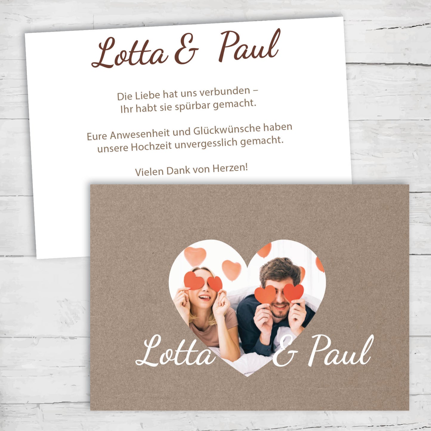 Danksagungskarte zur Hochzeit: Rustikal mit Herzfoto