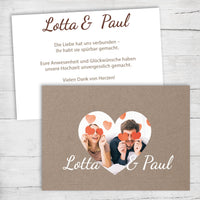 Danksagungskarte zur Hochzeit: Rustikal mit Herzfoto