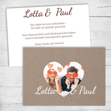 Danksagungskarte zur Hochzeit: Rustikal mit Herzfoto