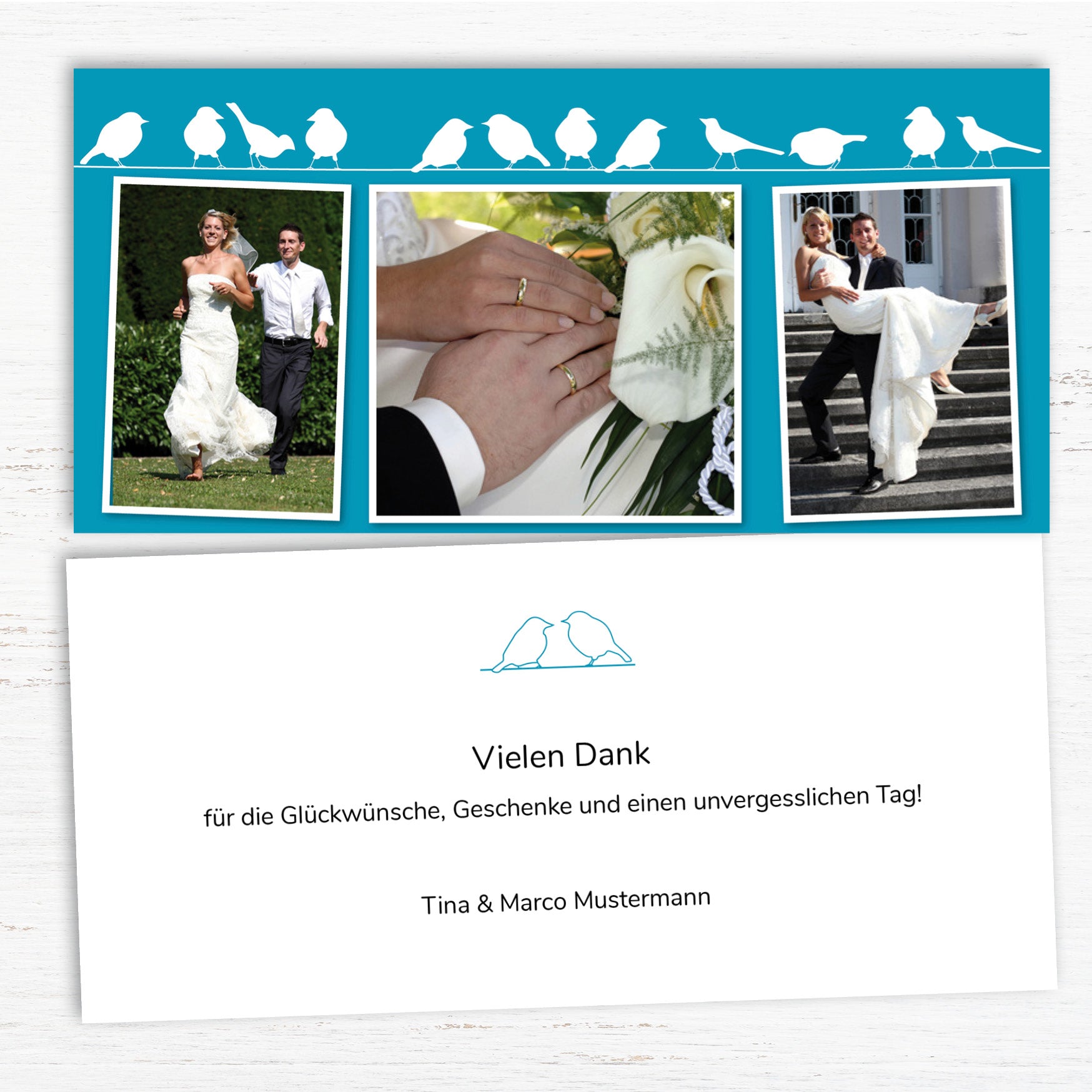 Danksagungskarten zur Hochzeit: Spatzen blau