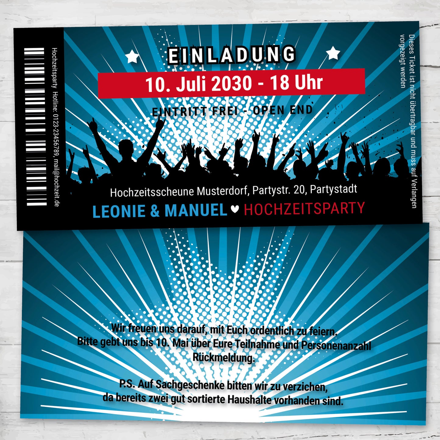 Einladung Hochzeit Ticket – Stilvolle Einladungskarten Hochzeit Party - Individuelle Einladung
