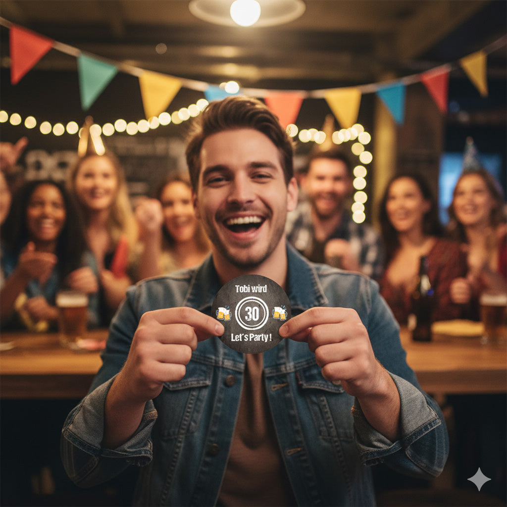 Bierdeckel Einladung zum 30. Geburtstag: LET’S PARTY! 🎉🥂 - Individuelle Einladung