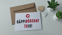 Glückwunsch - Postkarte: HÄPPI BÖRSDAY - weiß