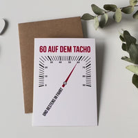 Glückwunsch Postkarte zum 60. Geburtstag – 60 auf dem Tacho… und bestens in Fahrt
