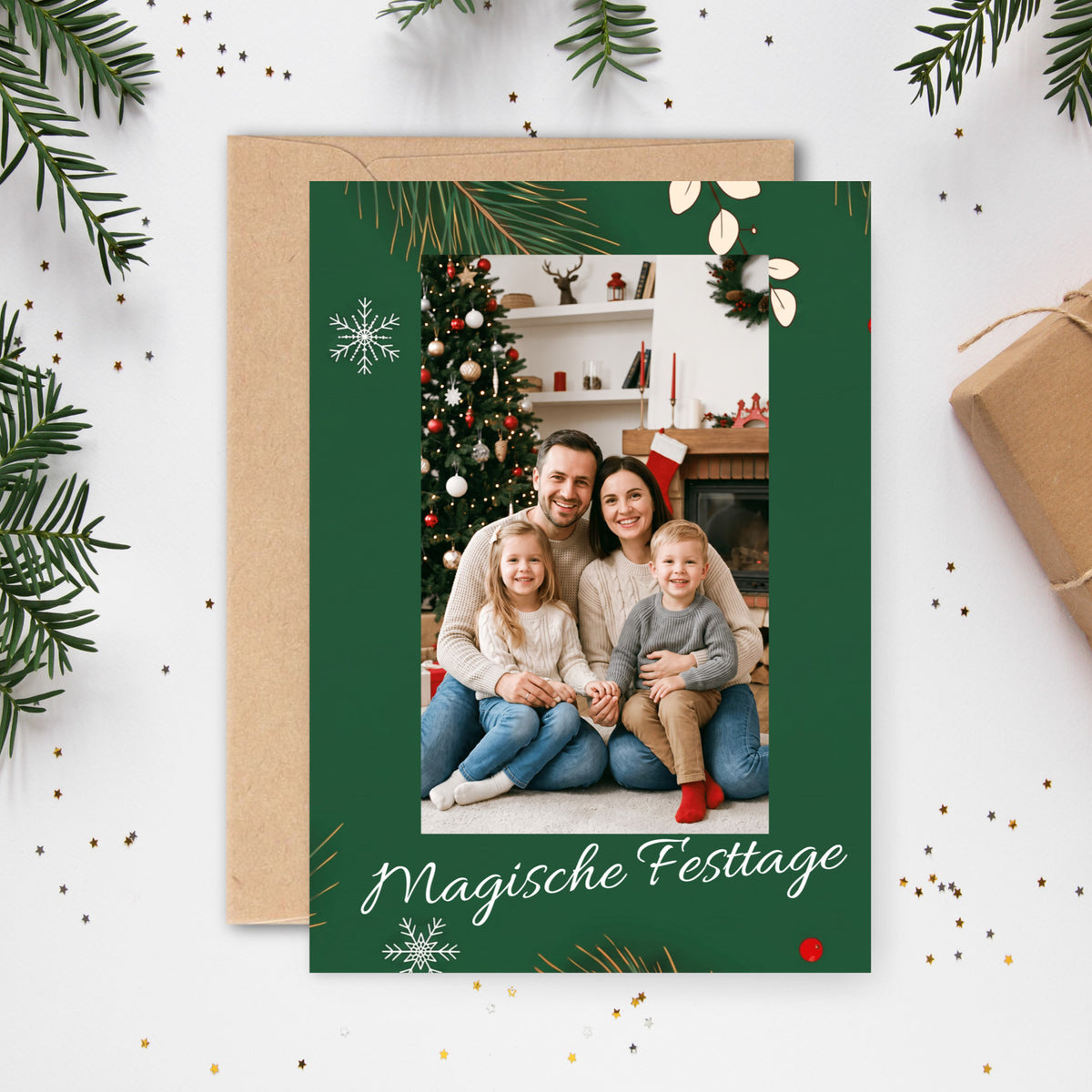Weihnachtskarte personalisiert – „Magische Momente“ mit Foto grün