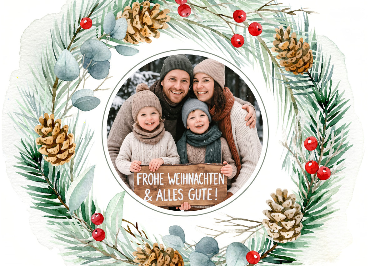 Weihnachtskarte personalisiert – „Wintergrün“ mit Foto