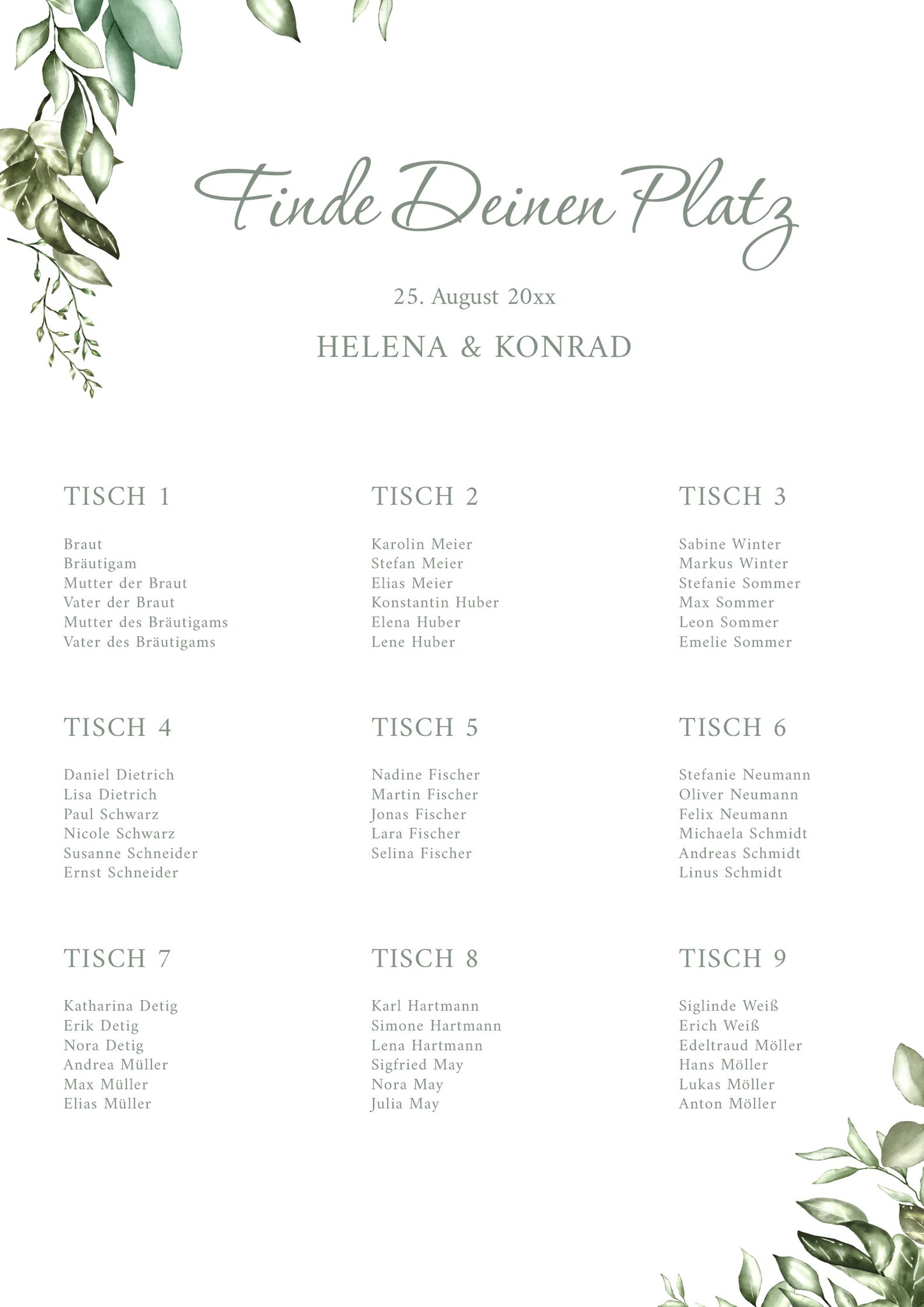 Sitzplan Hochzeit „Greenery“ – Eleganter Sitzplan im botanischen Stil DIN A2