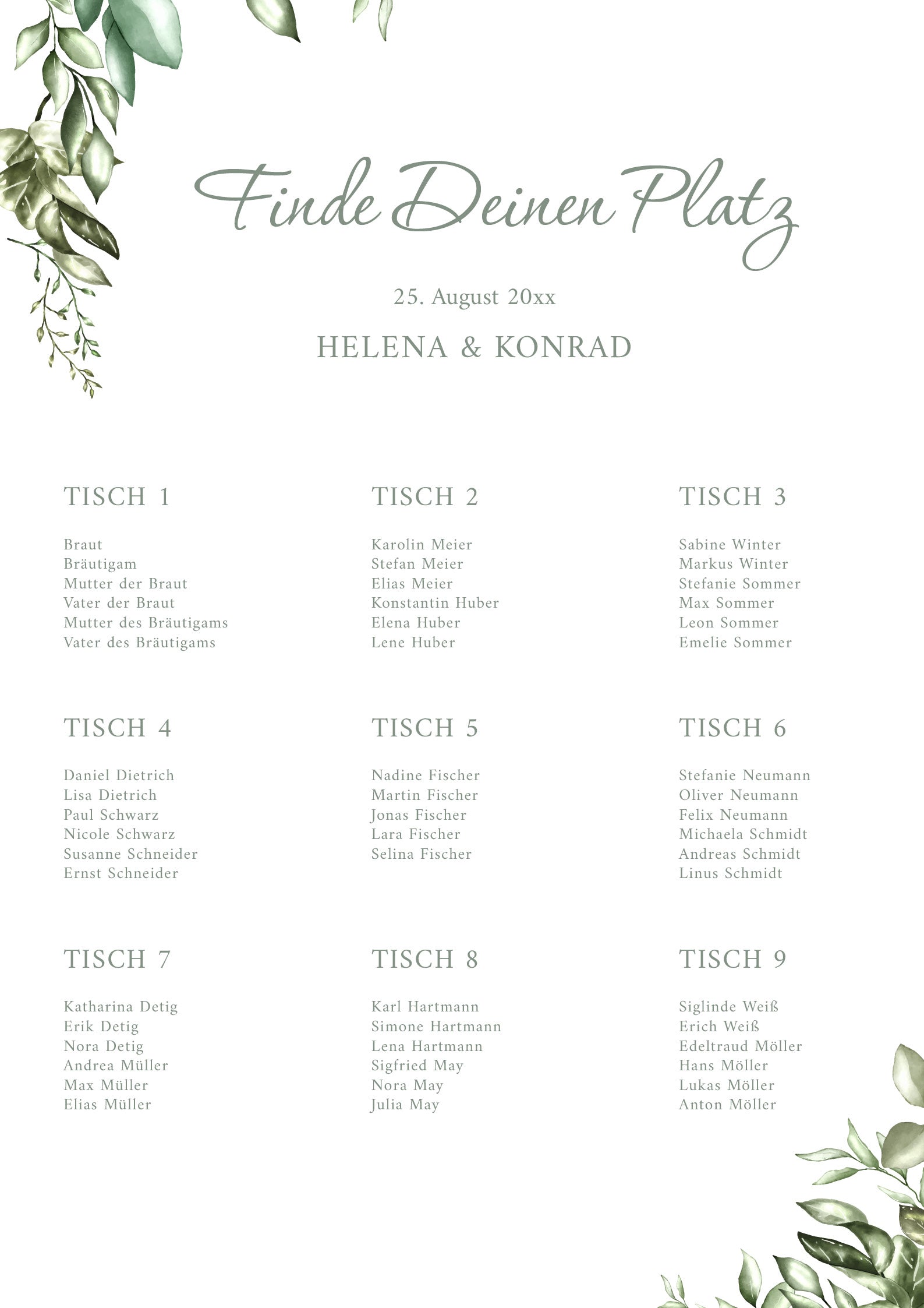 Sitzplan Hochzeit „Greenery“ – Eleganter Sitzplan im botanischen Stil DIN A2