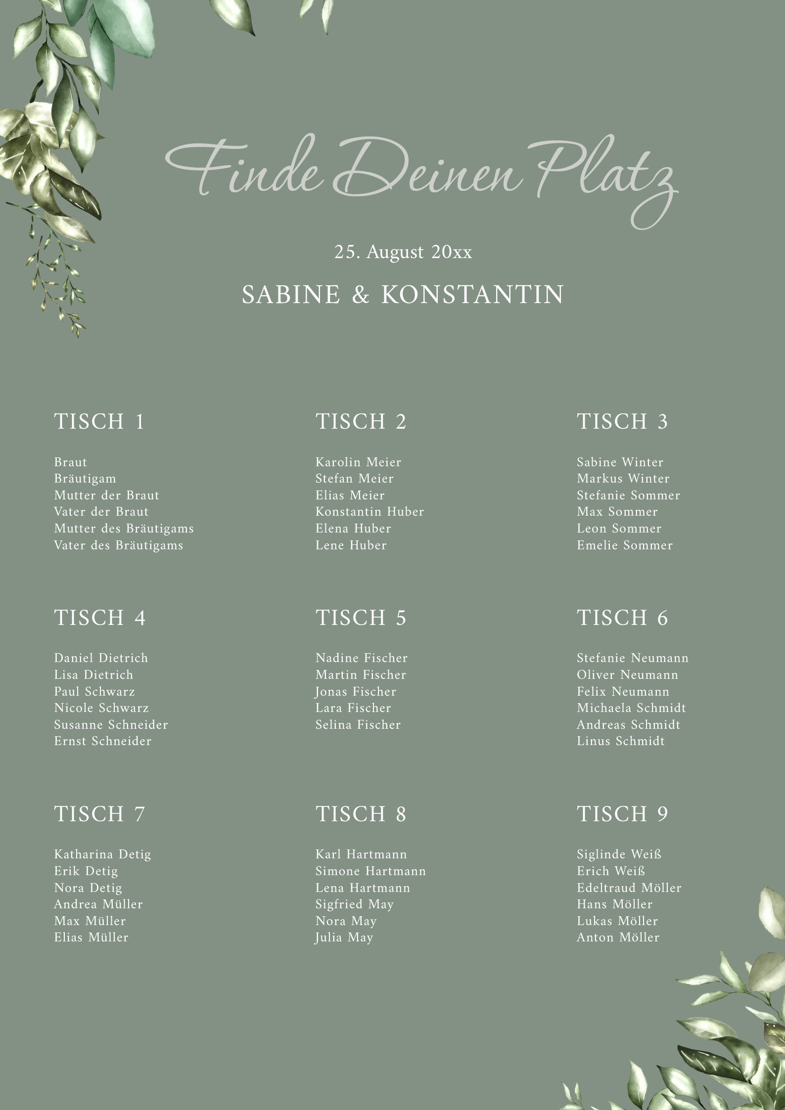Sitzplan Hochzeit „Greenery Oliv“ – Personalisierter Sitzplan DIN A2