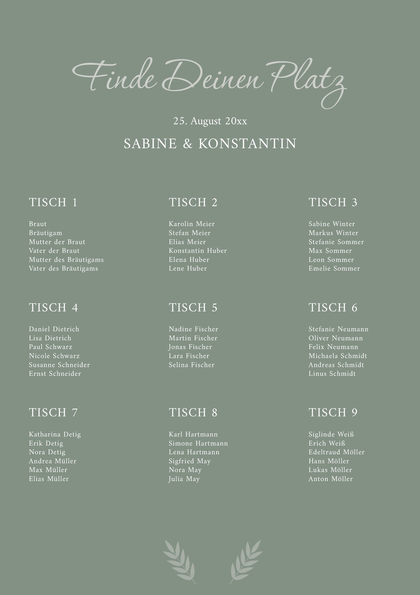 Sitzplan Hochzeit „Olive“ – Personalisierter Sitzplan DIN A2