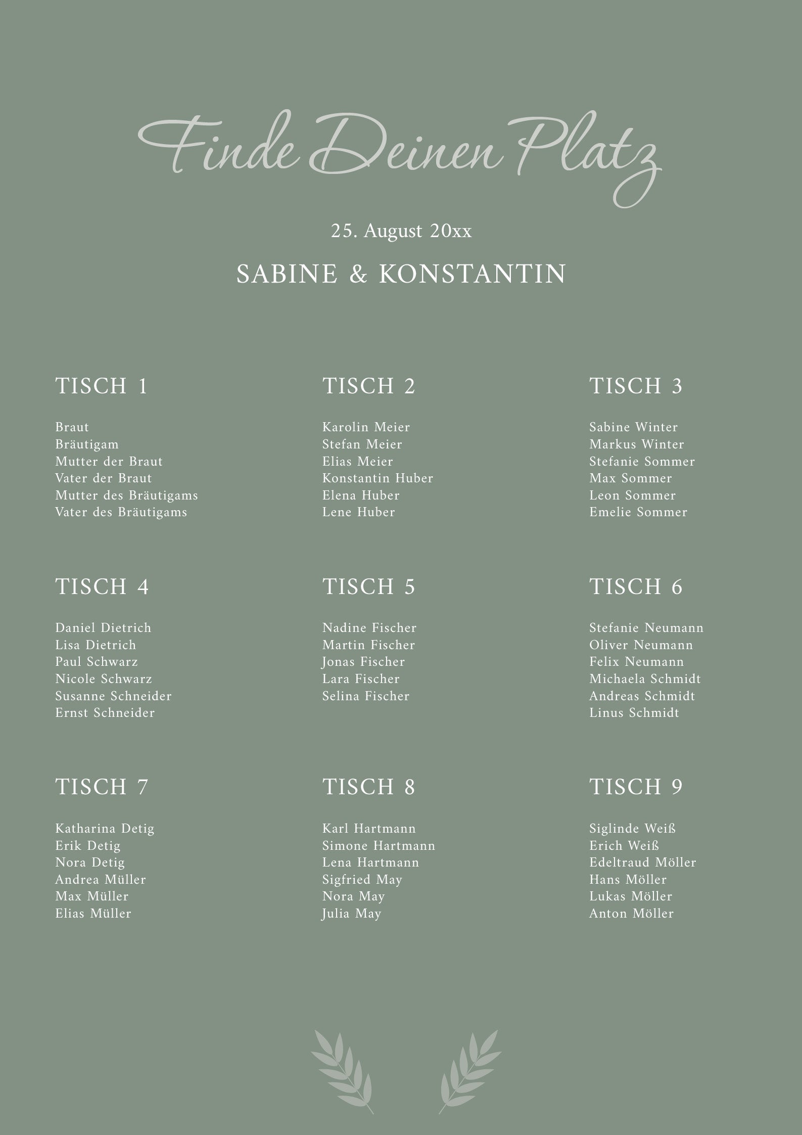 Sitzplan Hochzeit „Olive“ – Personalisierter Sitzplan DIN A2