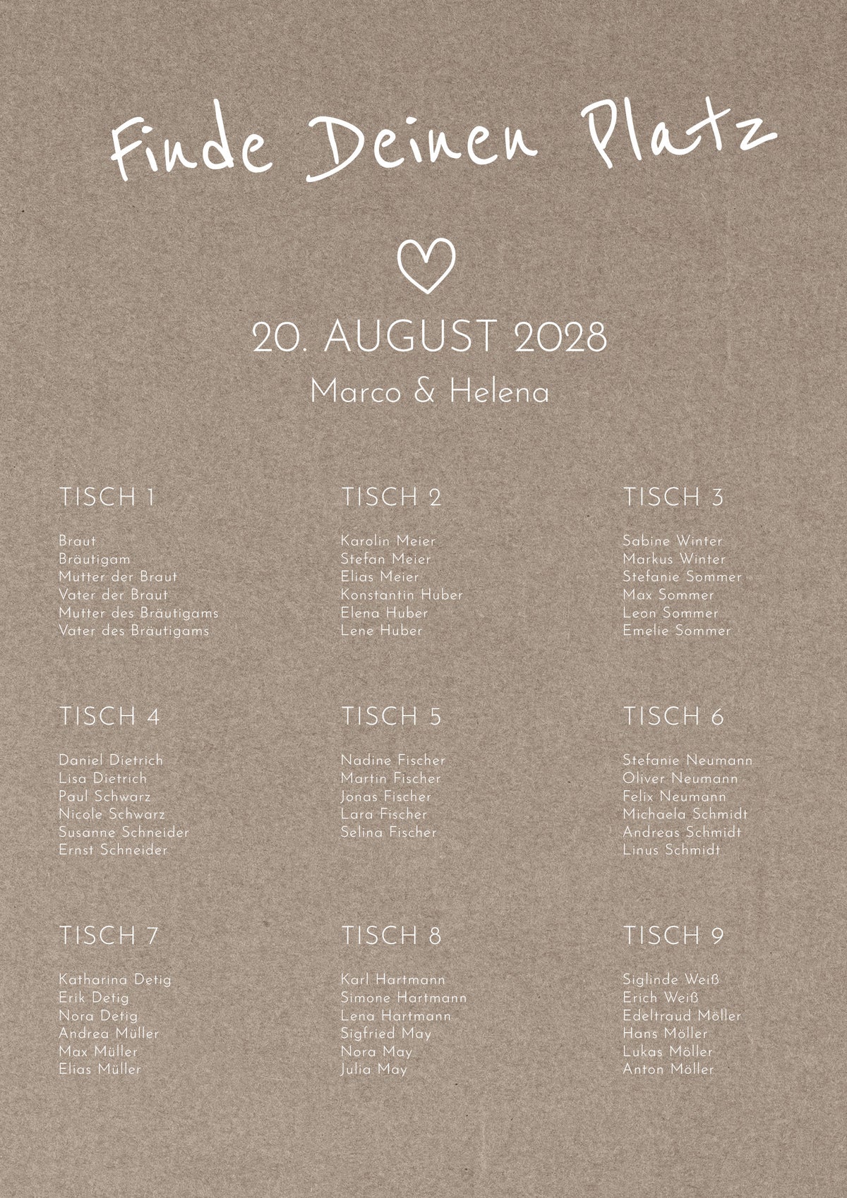 Sitzplan Hochzeit „Rustikal“ – Personalisierter Sitzplan DIN A2