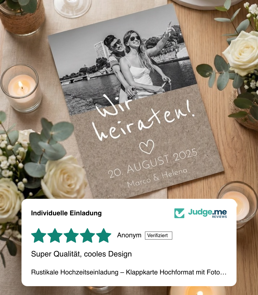 Rustikale Hochzeitseinladung – Klappkarte Hochformat mit Foto, naturfarben & Vintage Stil