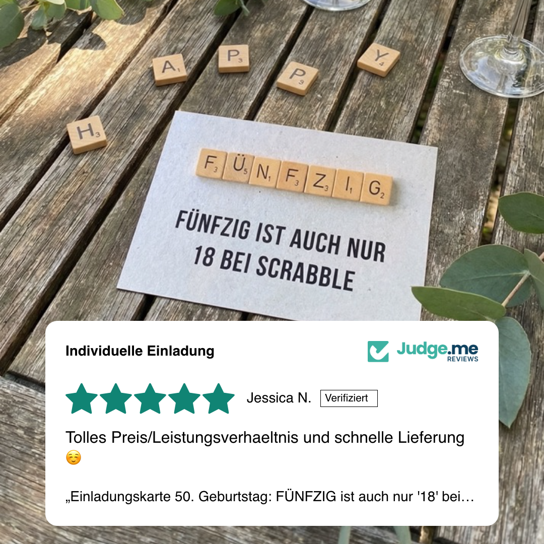„Einladungskarte 50. Geburtstag: FÜNFZIG ist auch nur '18' bei Scrabble!" - Individuelle Einladung