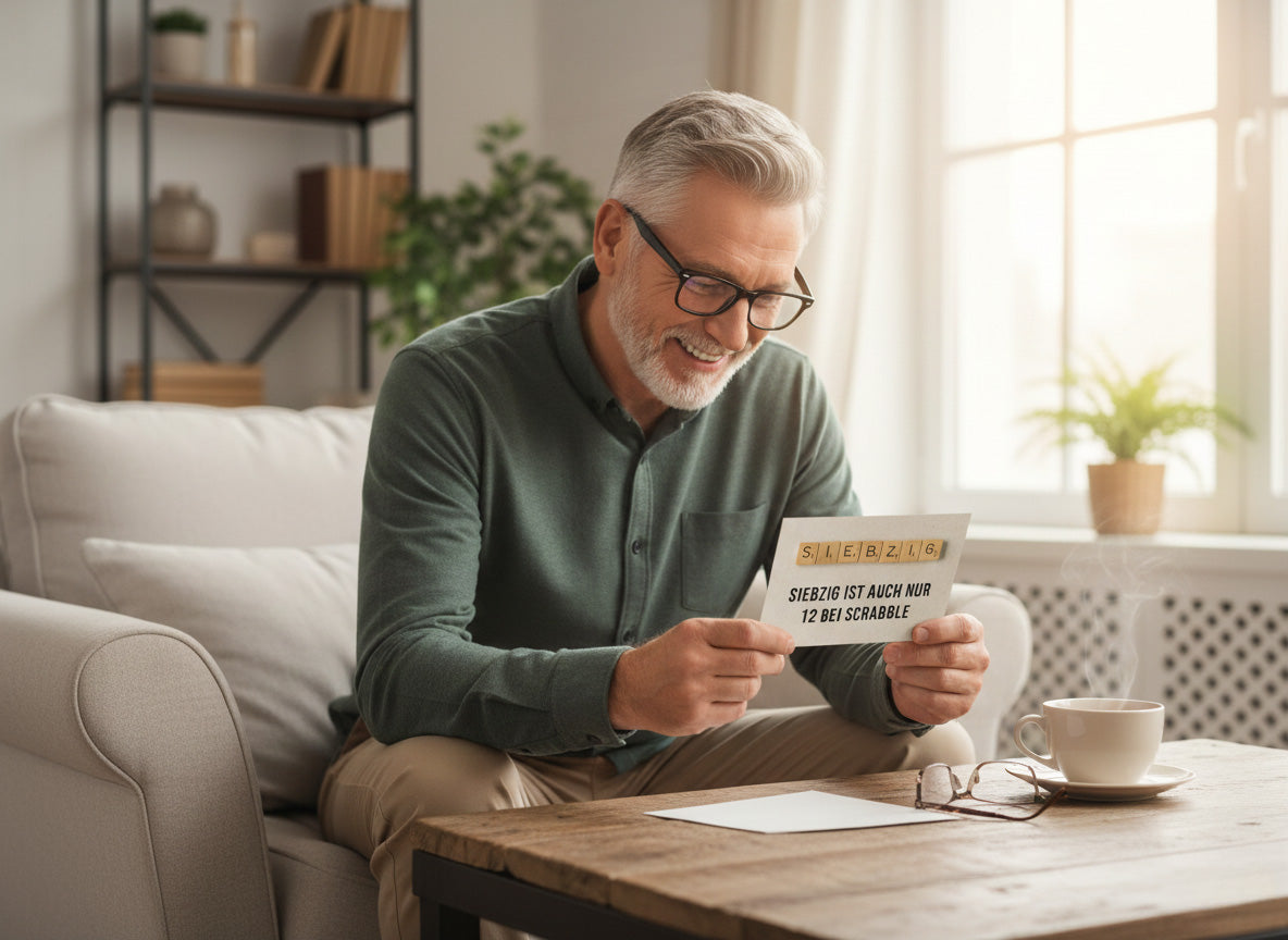 Geburtstagskarte 70 – Lustige Scrabble Postkarte mit Spruch zum 70. Geburtstag