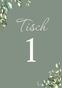 Tischkarten Hochzeit „Greenery Oliv“ – Tischnummern passend zum Sitzplan