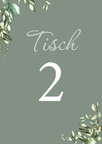 Tischkarten Hochzeit „Greenery Oliv“ – Tischnummern passend zum Sitzplan