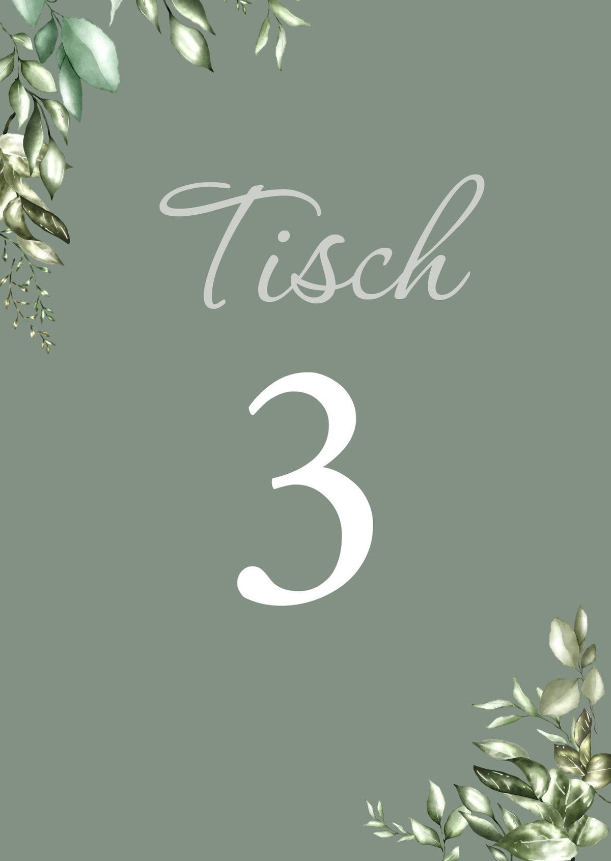 Tischkarten Hochzeit „Greenery Oliv“ – Tischnummern passend zum Sitzplan