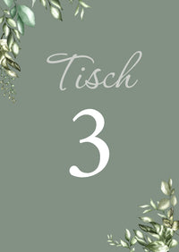 Tischkarten Hochzeit „Greenery Oliv“ – Tischnummern passend zum Sitzplan