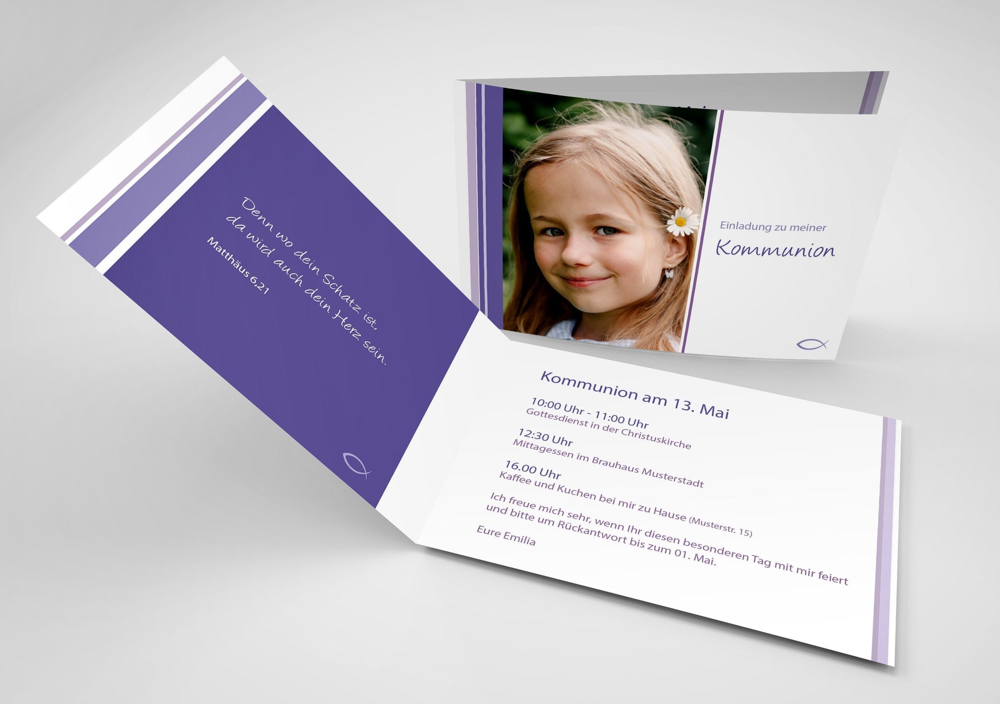 Einladung zur Kommunion: Streifenmuster violett Individuelle Einladung