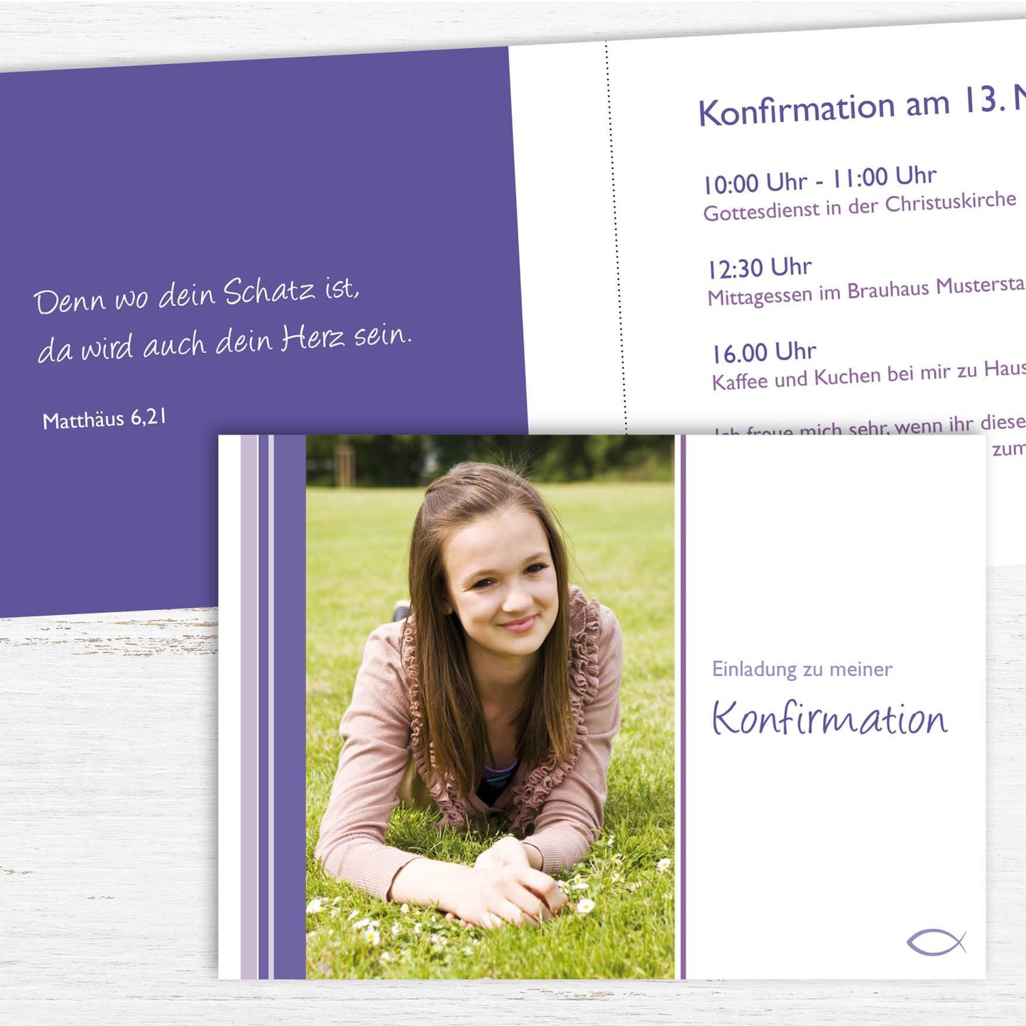 Einladung zur Konfirmation: Streifenmuster violett Individuelle Einladung