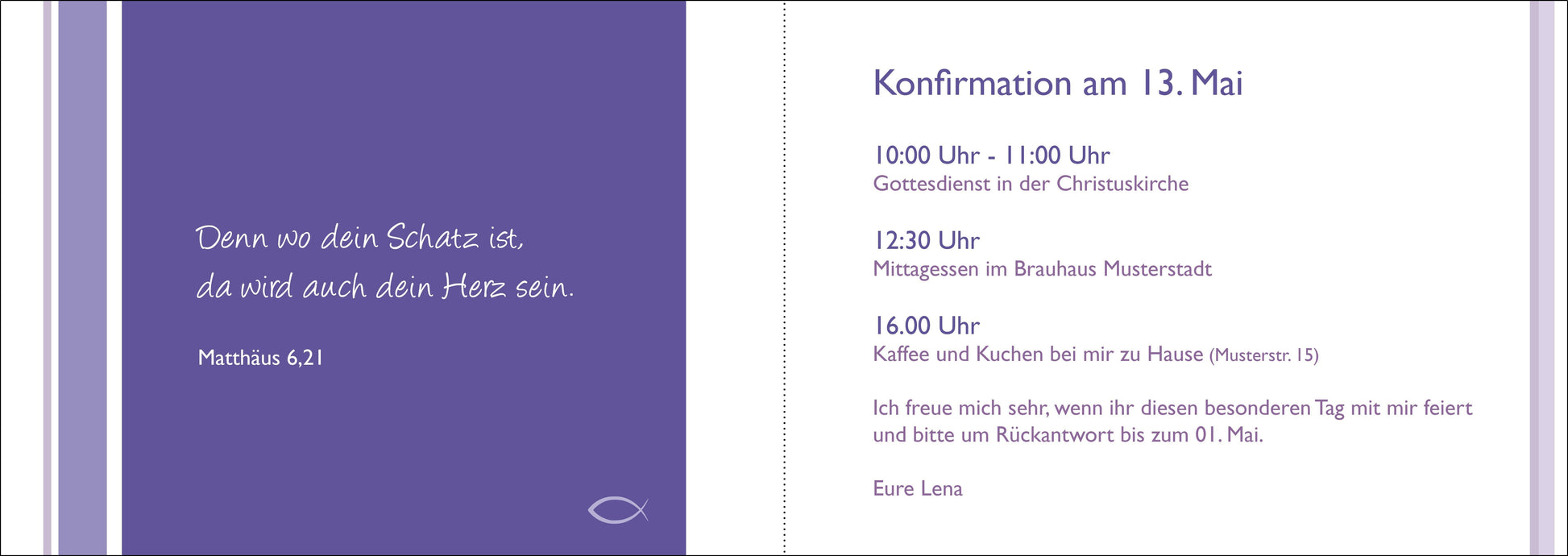 Einladung zur Konfirmation: Streifenmuster violett Individuelle Einladung